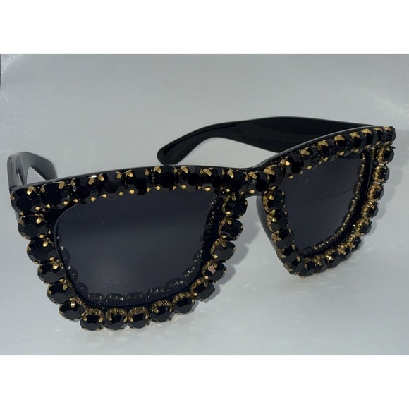 The Unbranded Brand Accessories - OVERSIZED Square Black & Gold Crystal Studded Sunglasses Black Frame Hand Made